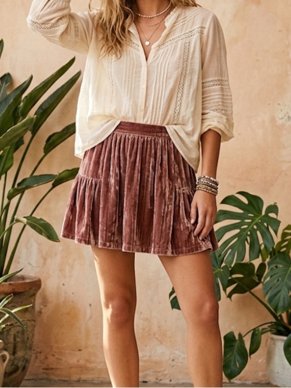 Madewell Skirt 8 Rose Gold Crushed Velvet Silk Blend  Mini Ruffle Western Boho